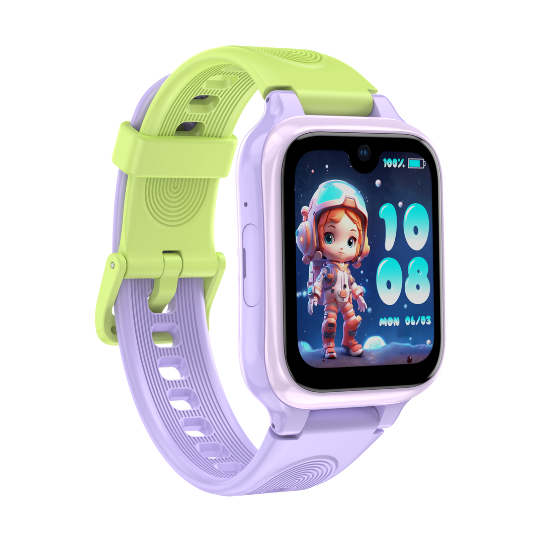 Smartklokke for barn – Lagenio K9 AI med lilla rem, telefon, 1,78" AMOLED-skjerm og GPS