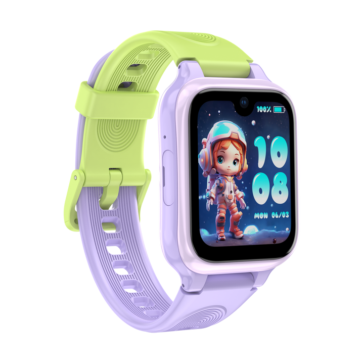 Smartklokke for barn – Lagenio K9 AI med lilla rem, telefon, 1,78" AMOLED-skjerm og GPS