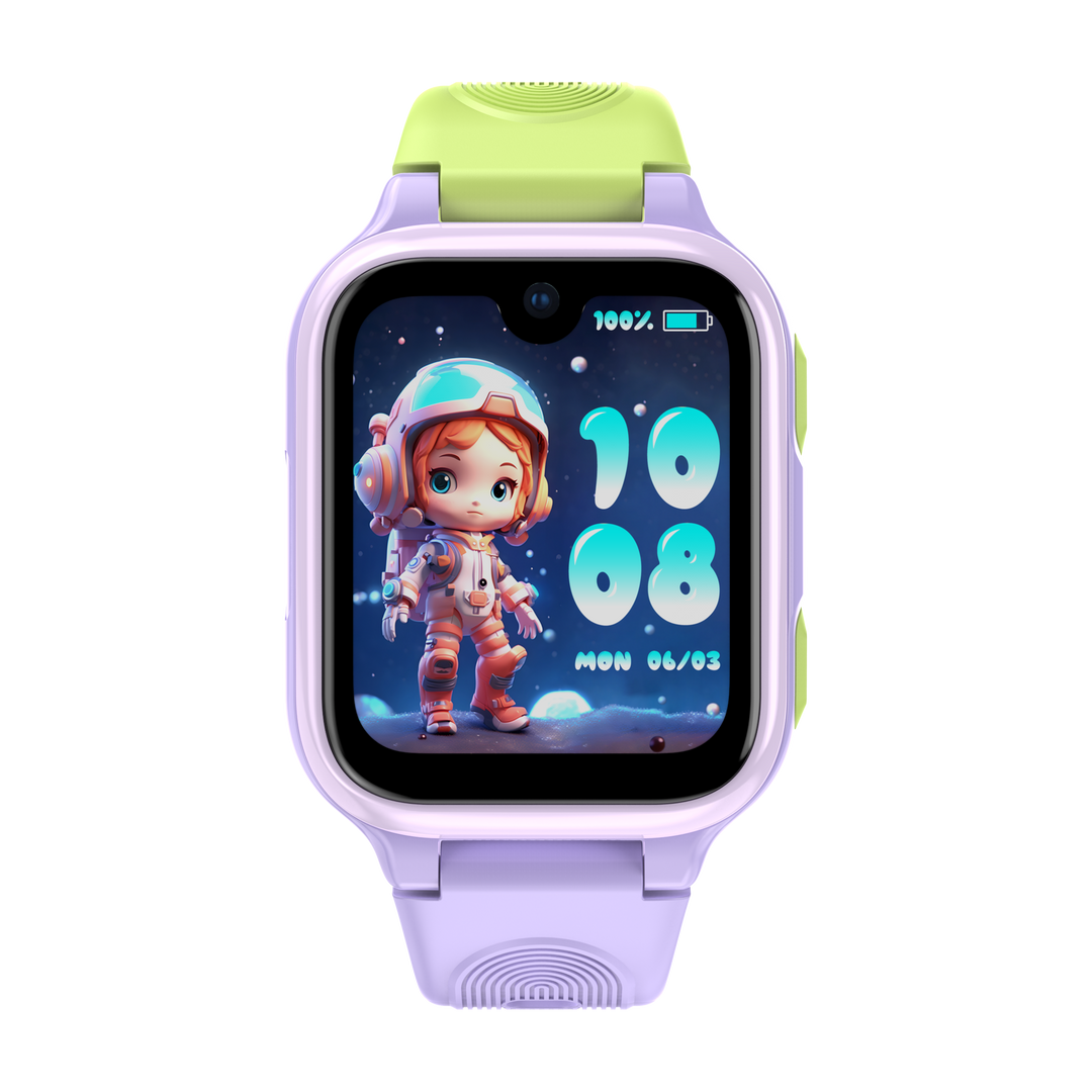 Smartklokke for barn – Lagenio K9 AI med lilla rem, telefon, 1,78" AMOLED-skjerm og GPS