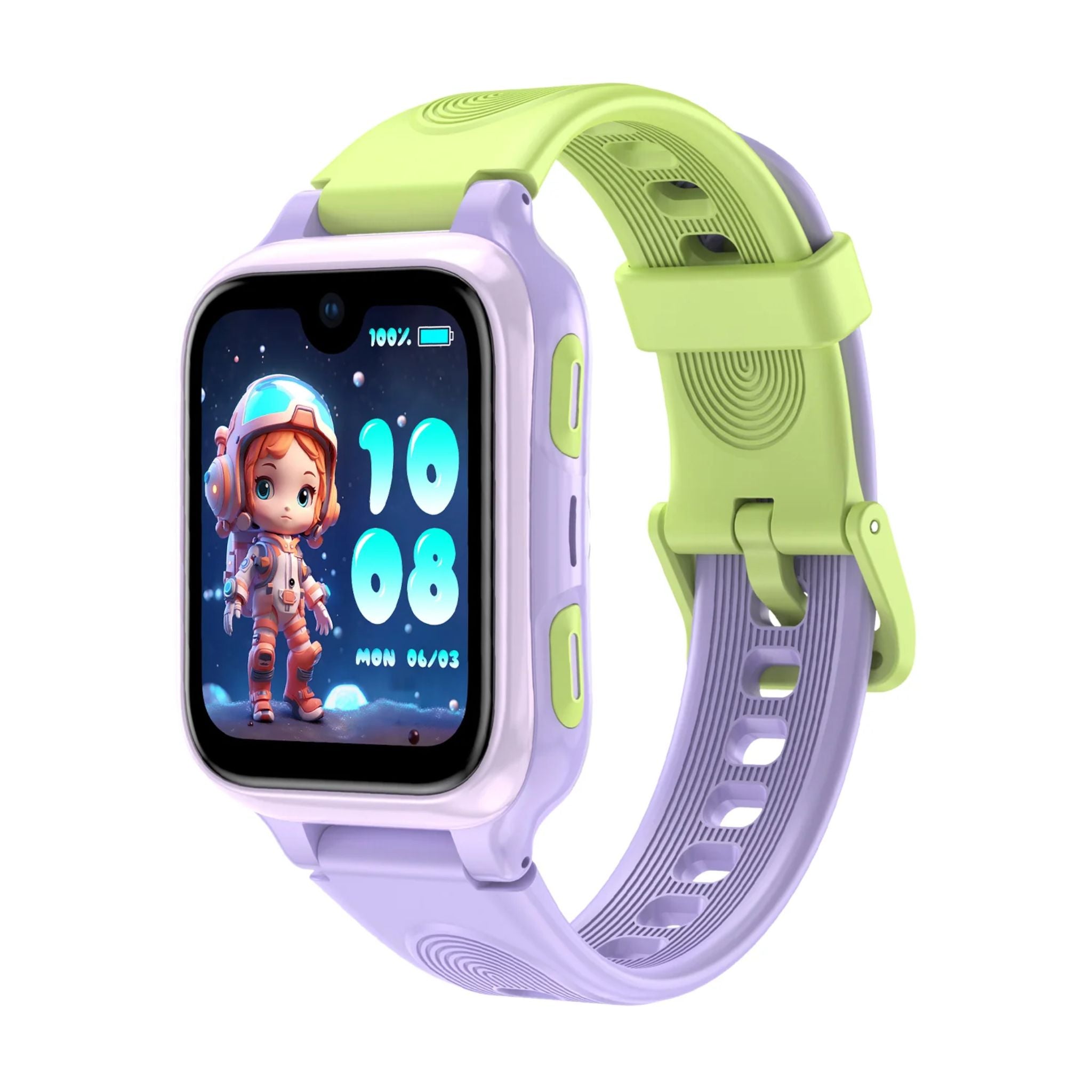 Smartklokke for barn – Lagenio K9 AI med lilla rem, telefon, 1,78" AMOLED-skjerm og GPS