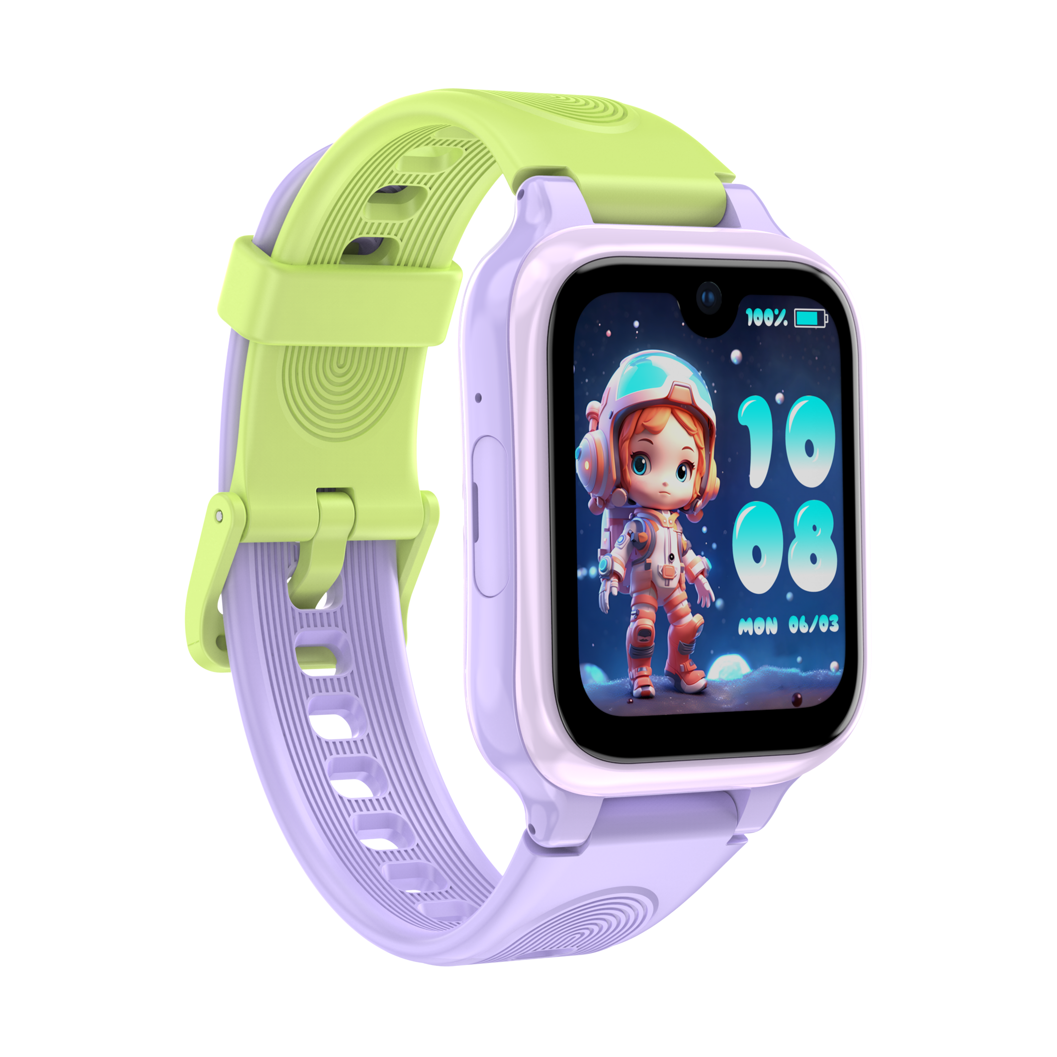 Smartklokke for barn – Lagenio K9 AI med lilla rem, telefon, 1,78" AMOLED-skjerm og GPS